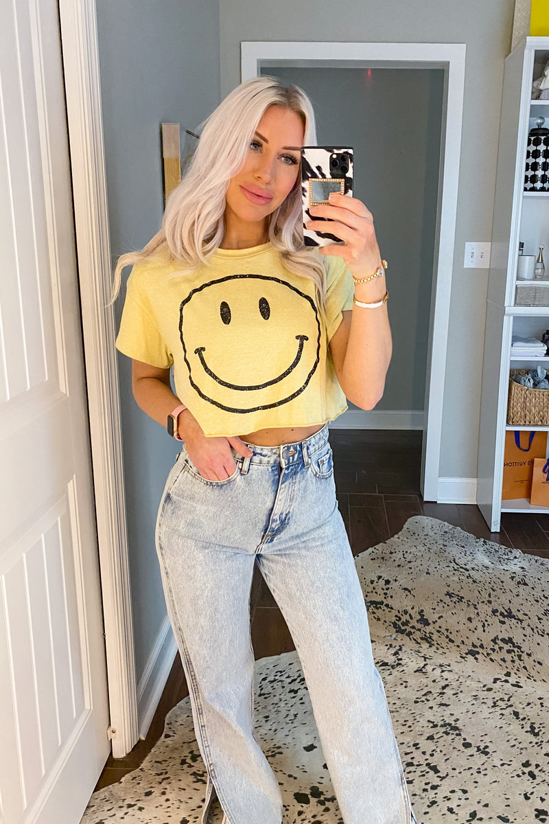 Yellow Cropped Smiley Face Graphic Tee - Shop Kendry Collection Boutique