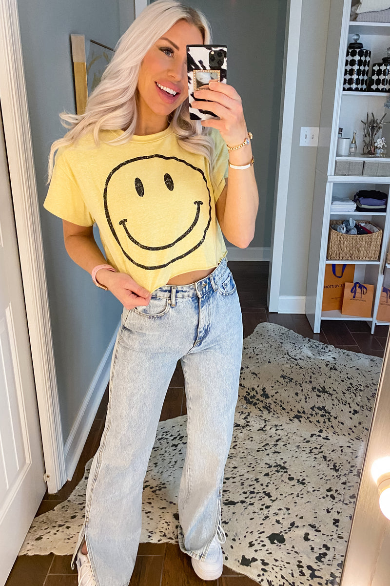 Yellow Cropped Smiley Face Graphic Tee - Shop Kendry Collection Boutique