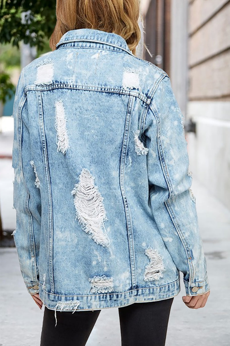 Women Casual Classic Denim Jean Jacket Oversize Vintage Distressed Ripped  Denim Outwear Long Sleeve Boyfriend Denim Jacket Coat 