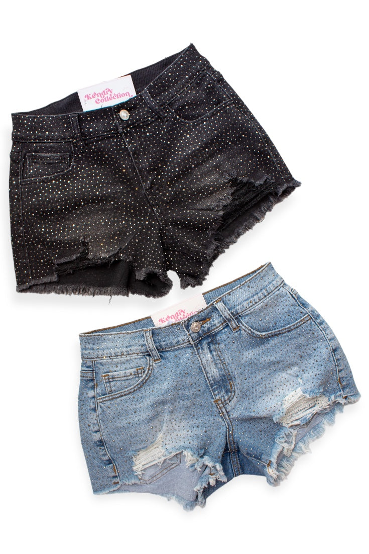 Black Rhinestone Distressed Denim Shorts - Kendry Collection Boutique