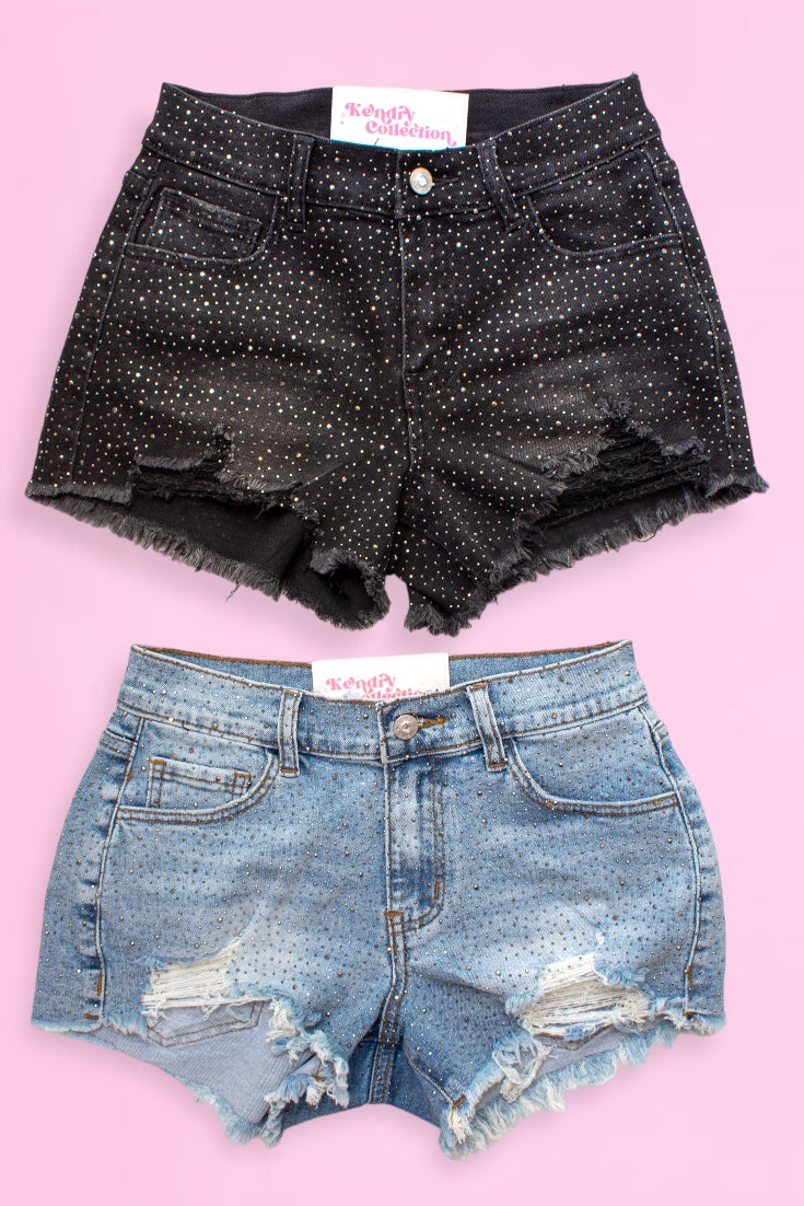 shop480 Let's Go Girls Rhinestone Denim Shorts - Light Wash Small